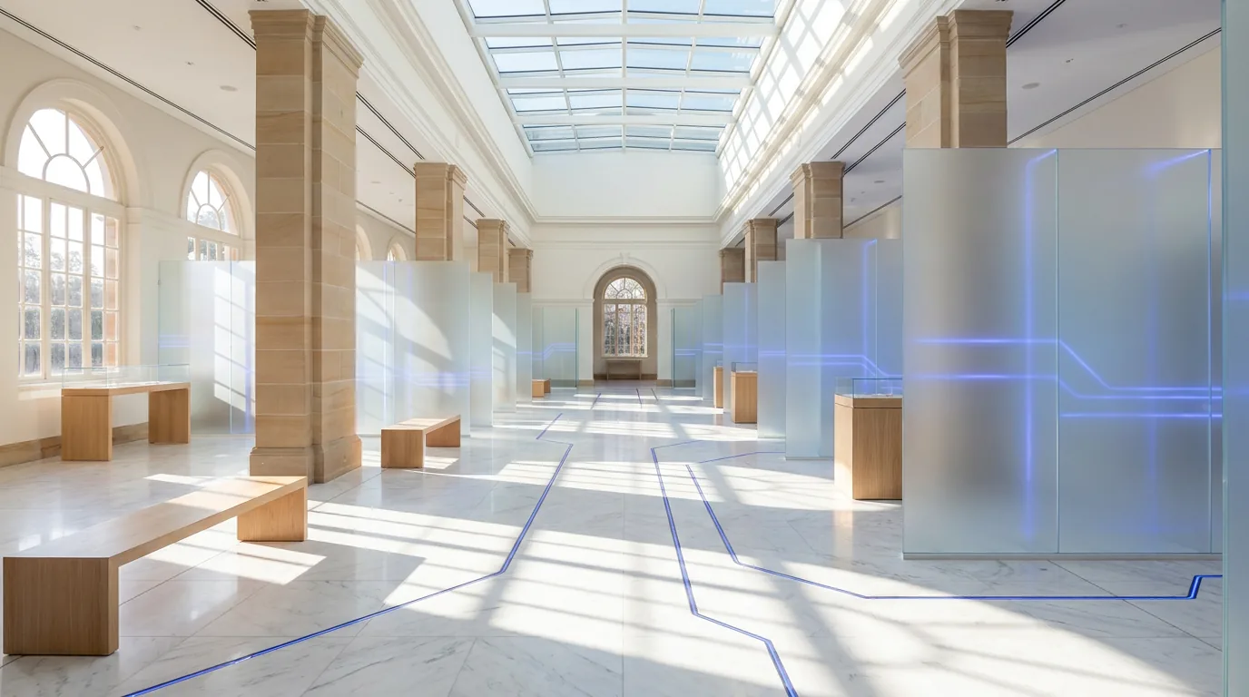 The Light Lab - a white gallery-lab with translucent panels carrying soft cobalt light traces